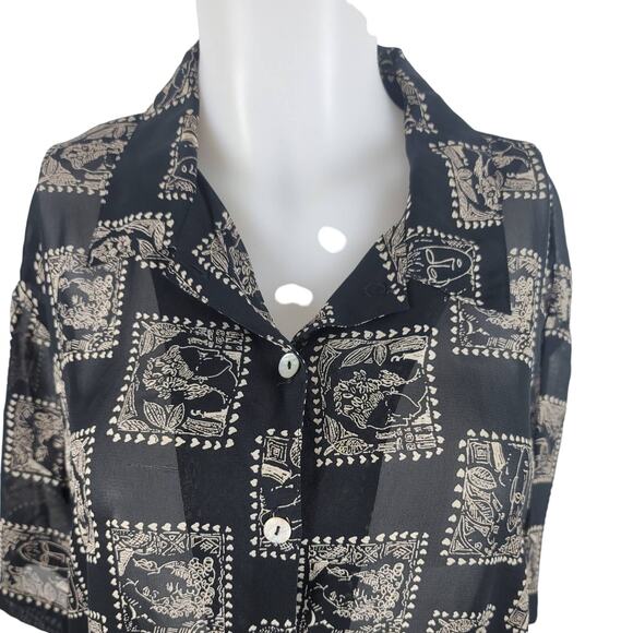 Chico's Designs Semi Sheer Face/Hearts Black/Tan Blouse 2 - M - Picture 2 of 6